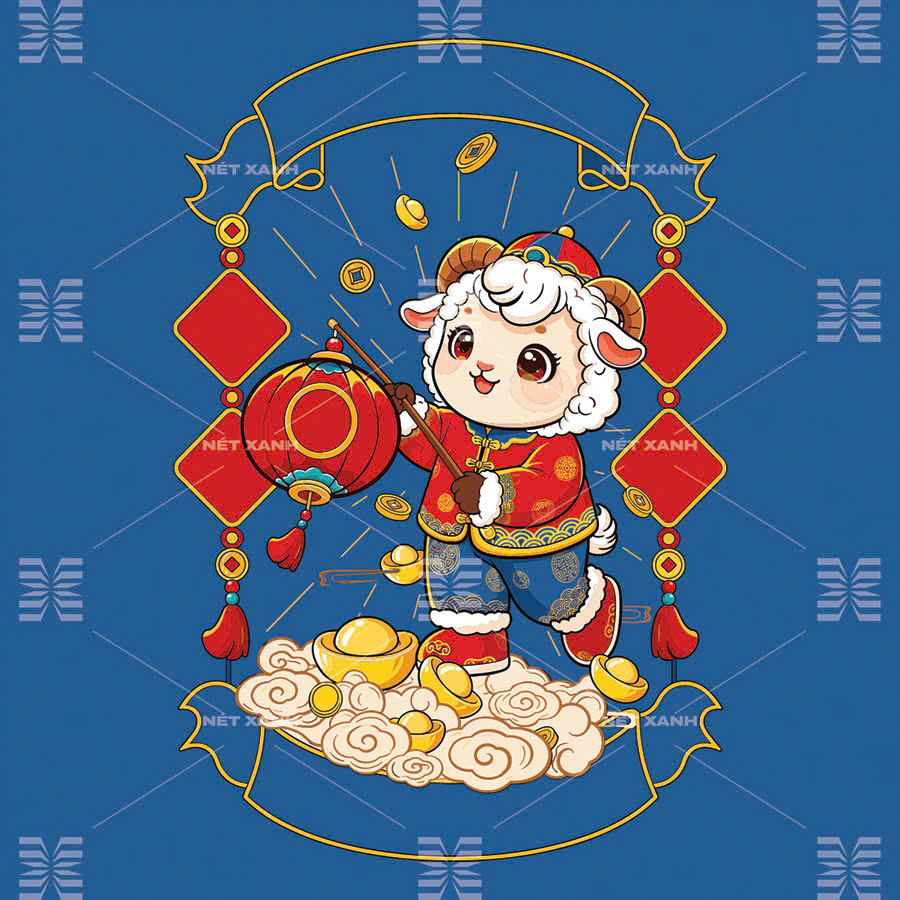 vector tết 2027 hình dê chibi kết hợp lồng đèn
